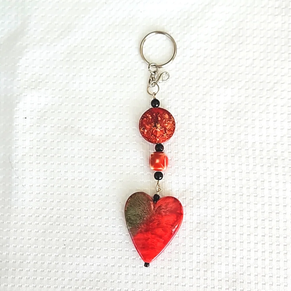 Heartfelt Red and Green Heart Charm Keychain, Keyring, Handmade